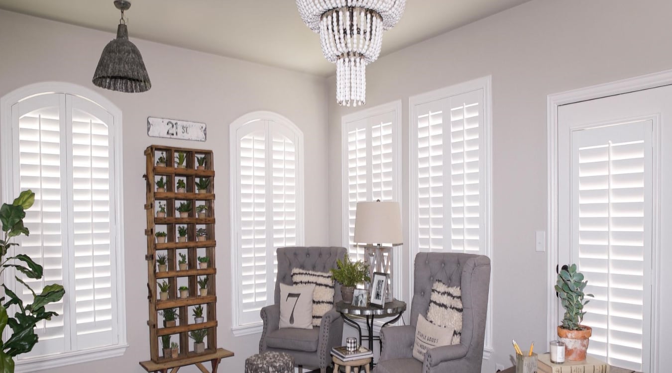 Plantation shutters in a living room.